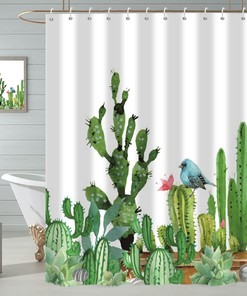 Desert Cactus And Birds Shower Curtain - Pretty Cozy Waterproof Fabric Bath In Green, Pink, And Blue Color Palette
