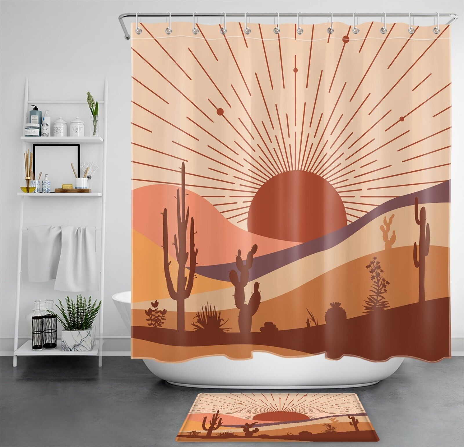 Desert Cactus Tropical Plant Shower Curtain With Abstract Sun Design For Bathroom Decor