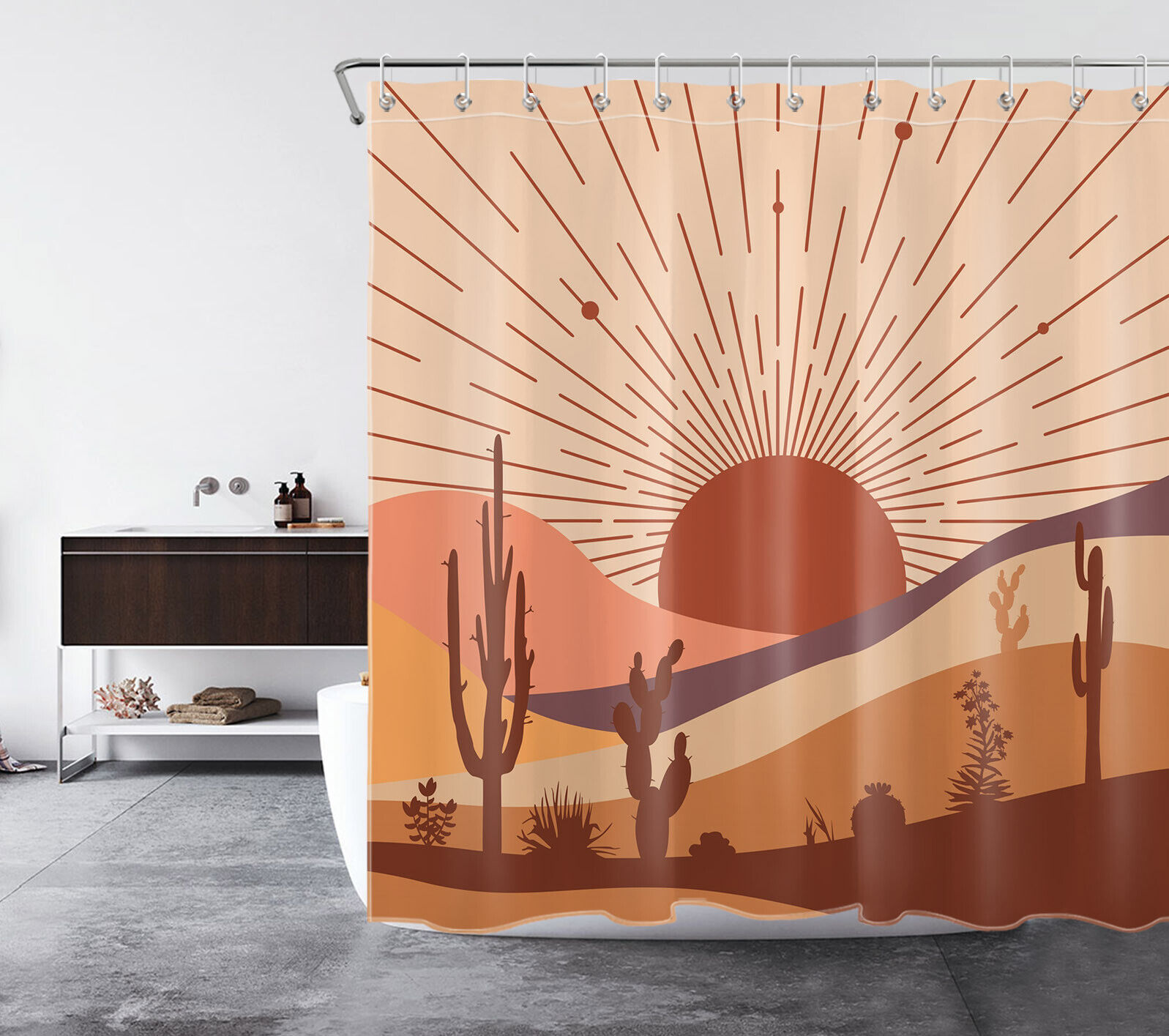Desert Cactus Tropical Plant Shower Curtain With Abstract Sun Design For Bathroom Decor - Image 2