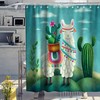 Desert Green Succulent Cactus Llama Shower Curtain - Nature Bathroom Curtain with Alpaca Animal Decor