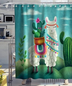Desert Green Succulent Cactus Llama Shower Curtain - Nature Bathroom Curtain with Alpaca Animal Decor