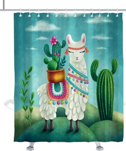 Desert Green Succulent Cactus Llama Shower Curtain - Nature Bathroom Curtain with Alpaca Animal Decor