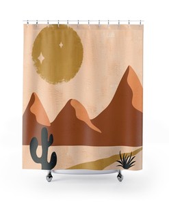 Desert Landscape Boho Shower Curtain Featuring Abstract Art, Moon, And Cactus Design For Rustic Bathroom Decor.
