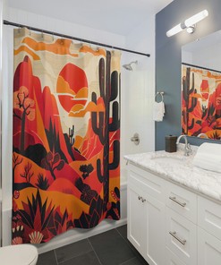 Desert Landscape Shower Curtain With Cacti And Tribal Symbols In Sunset Hues For Boho Bathroom Decor
