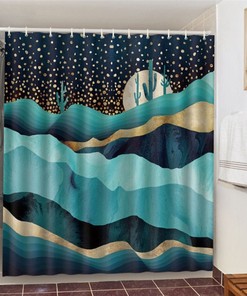 Desert Landscape Shower Curtain with Starry Moon and Cactus Design 