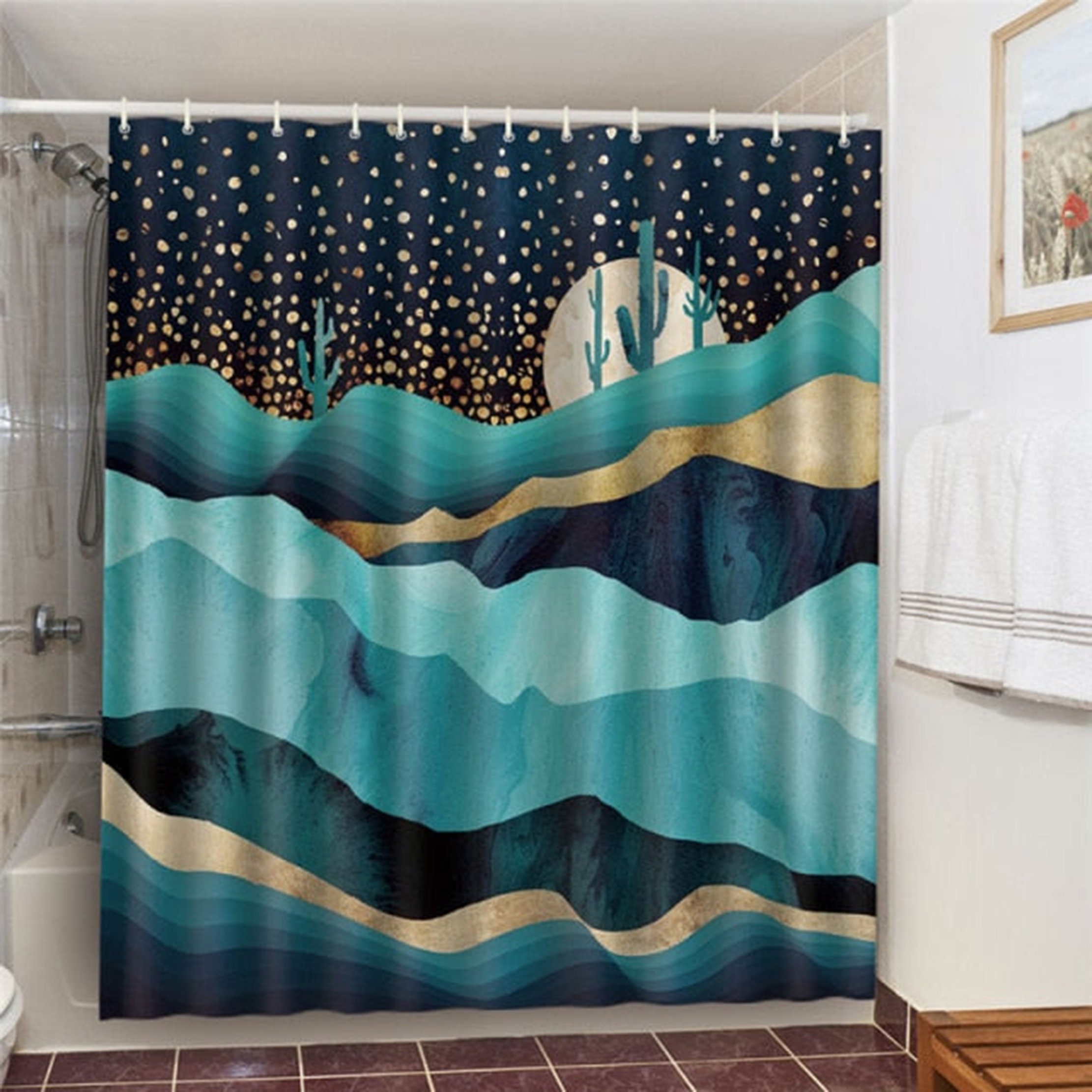 Desert Landscape Shower Curtain with Starry Moon and Cactus Design