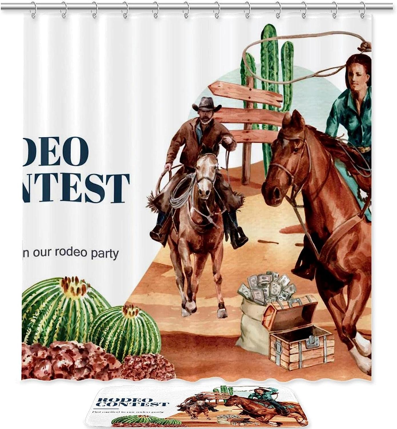 Desert Shower Curtain - Cowboy Horse Cactus Print With Waterproof Fabric For A Southwestern Bath Decor