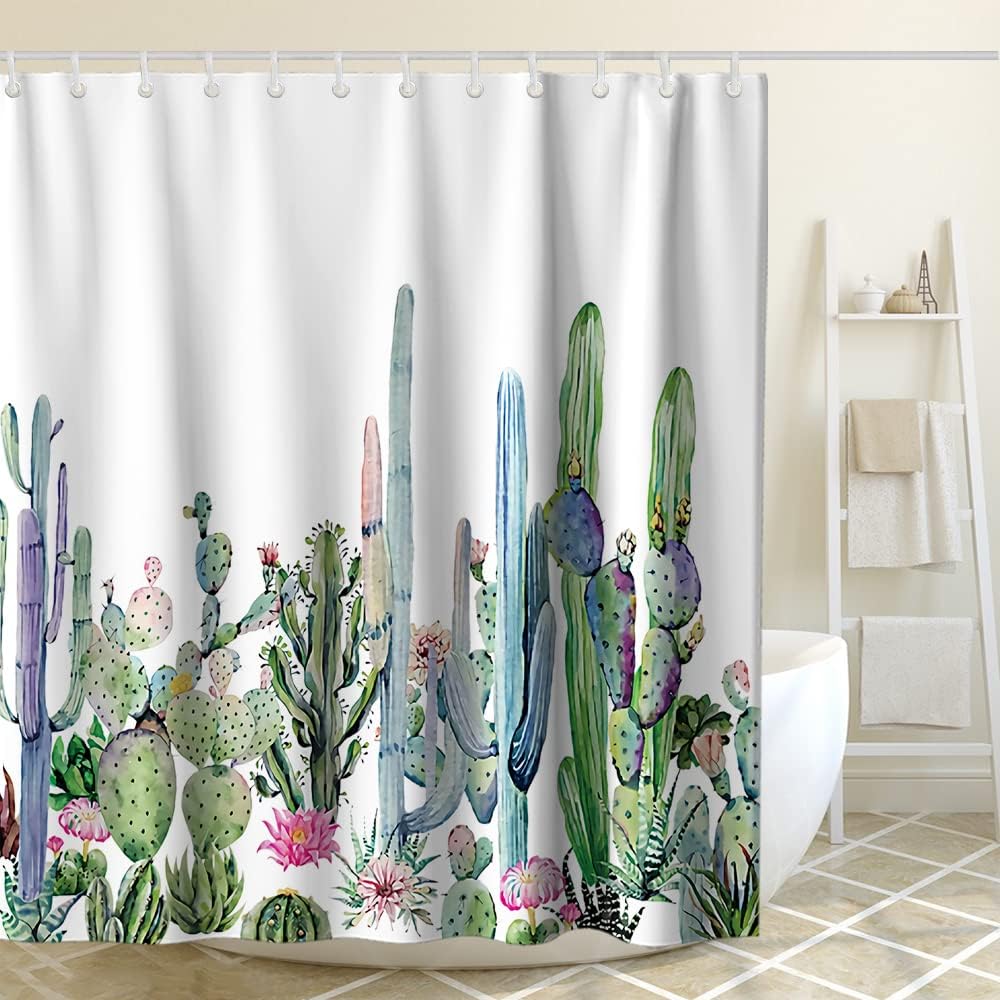 Desert Succulent and Cactus Watercolor Art Printed Shower Curtain for Boho Bathroom Decor