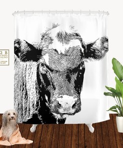 Designer Black Cow Animal Curtain Bath Curtain With White Color For Modern Bathroom Decor