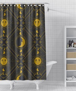 Designer Boho Shower Curtain With Celestial Sun And Moon Design