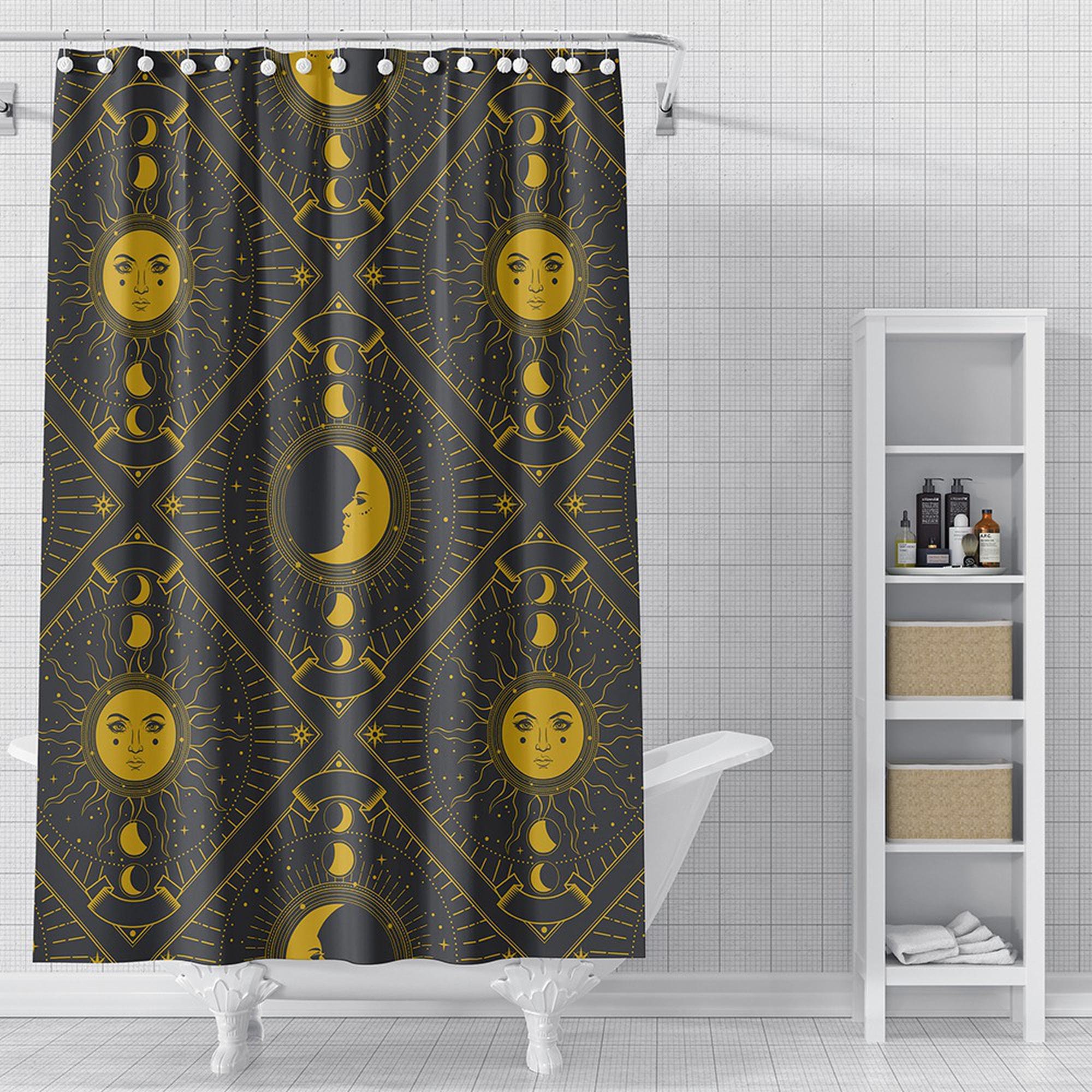 Designer Boho Shower Curtain With Celestial Sun And Moon Design