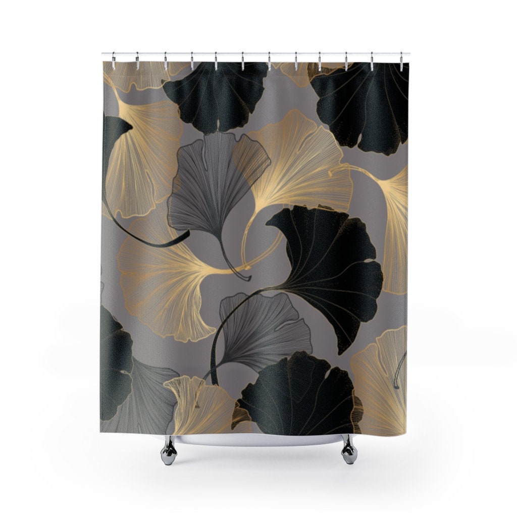 Designer Gold And Grey Floral Shower Curtain, Perfect For Elegant Bathroom Decor