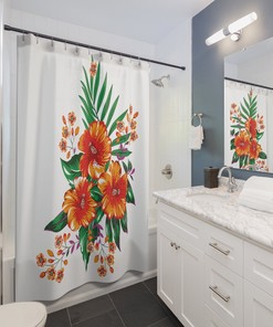 Designer Orange Hibiscus Shower Curtain - White Botanical Bathroom Decor, Unique Curtain Accessory