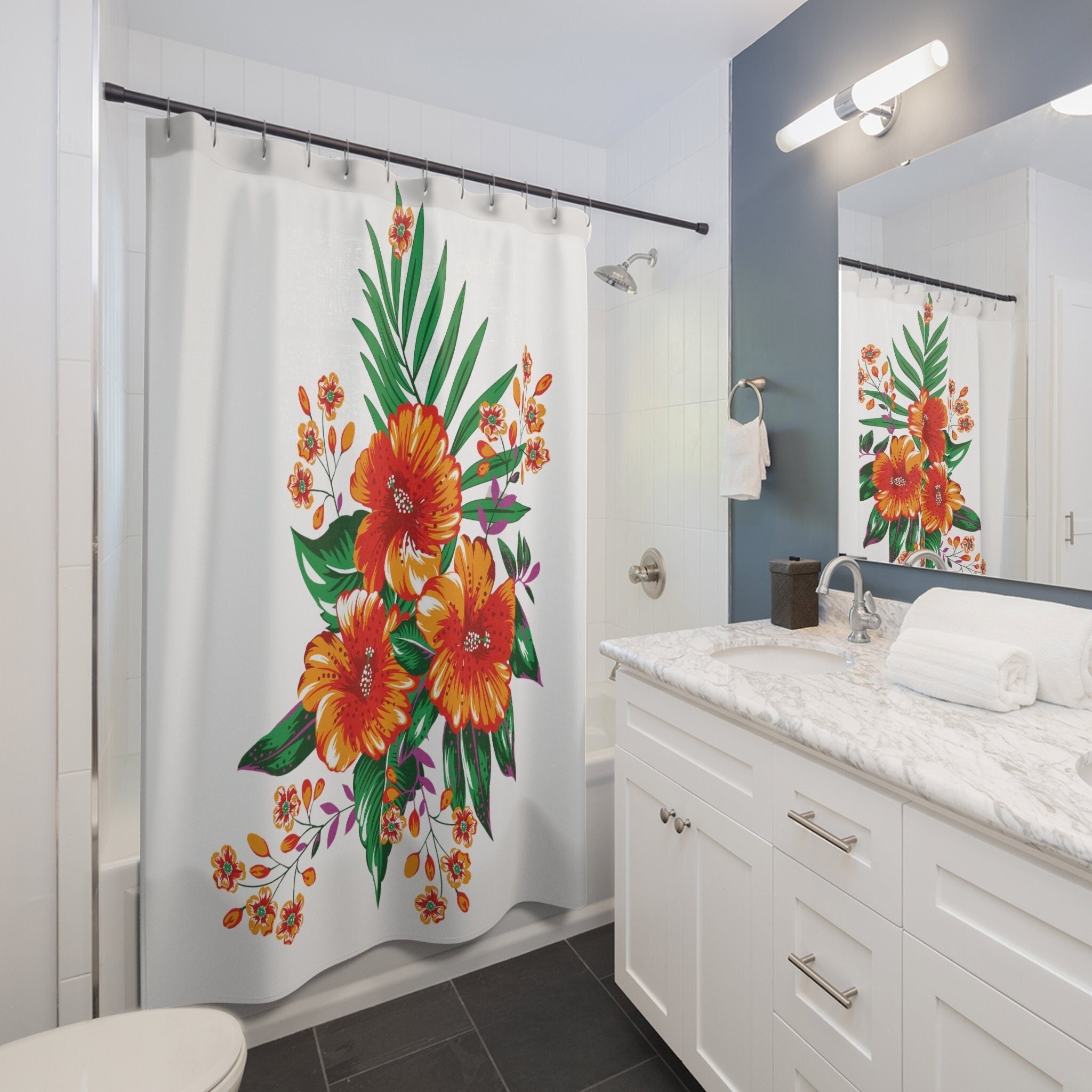 Designer Orange Hibiscus Shower Curtain - White Botanical Bathroom Decor, Unique Curtain Accessory
