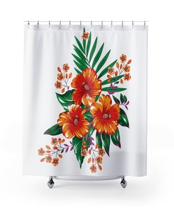 Designer Orange Hibiscus Shower Curtain - White Botanical Bathroom Decor, Unique Curtain Accessory