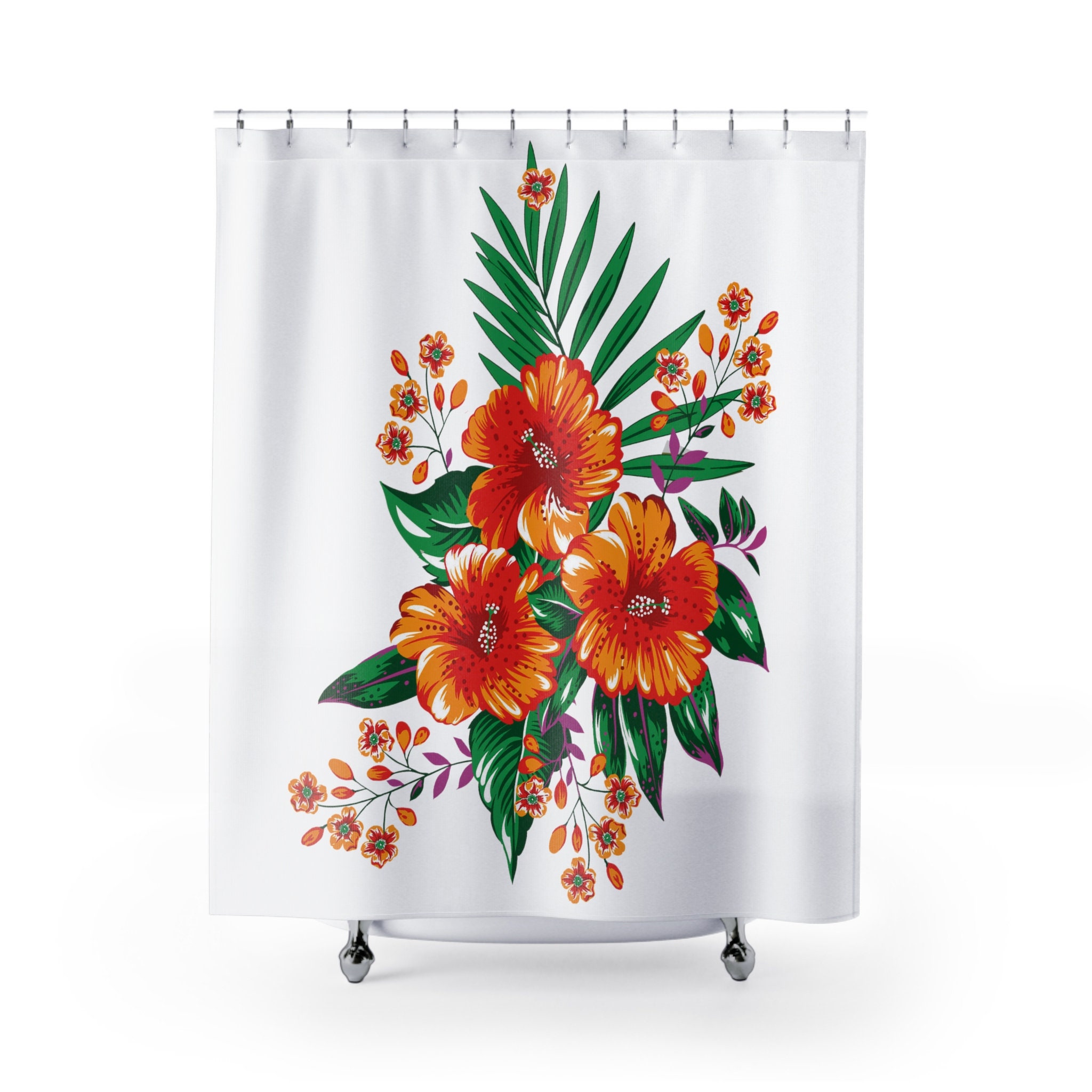 Designer Orange Hibiscus Shower Curtain - White Botanical Bathroom Decor, Unique Curtain Accessory