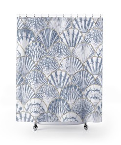 Designer Shower Curtain With Beachy Blue And White Sea Shell Pattern