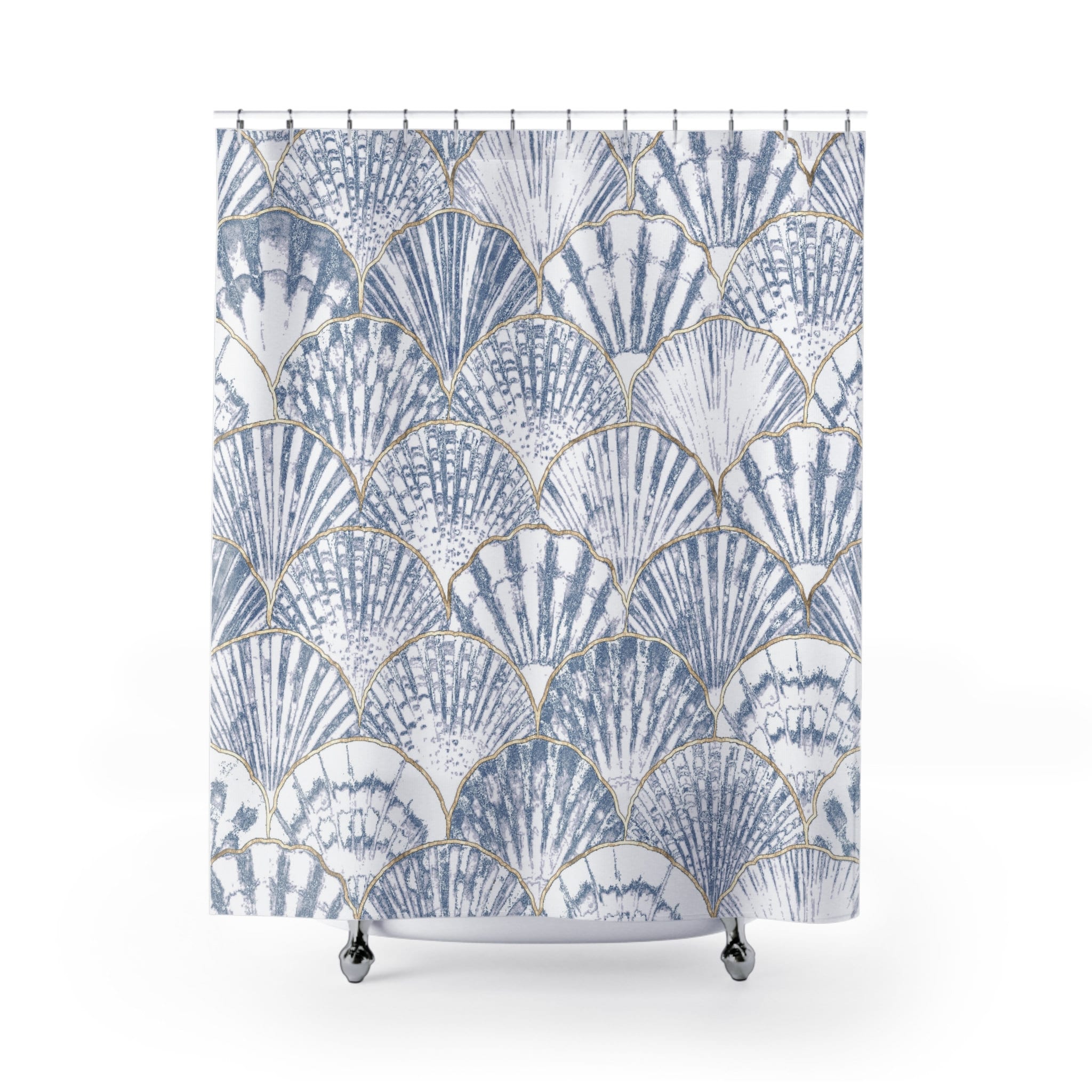 Designer Shower Curtain With Beachy Blue And White Sea Shell Pattern