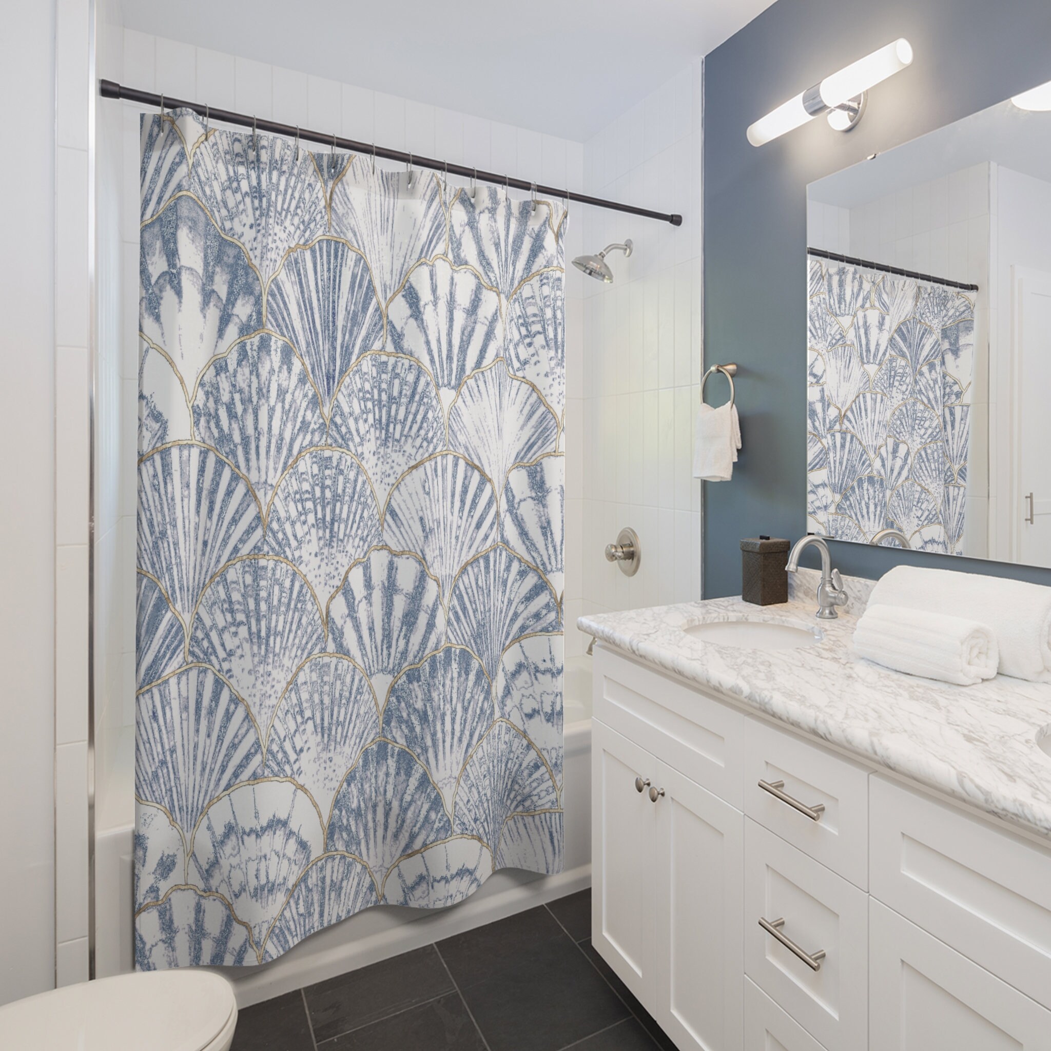 Designer Shower Curtain With Beachy Blue And White Sea Shell Pattern - Image 2
