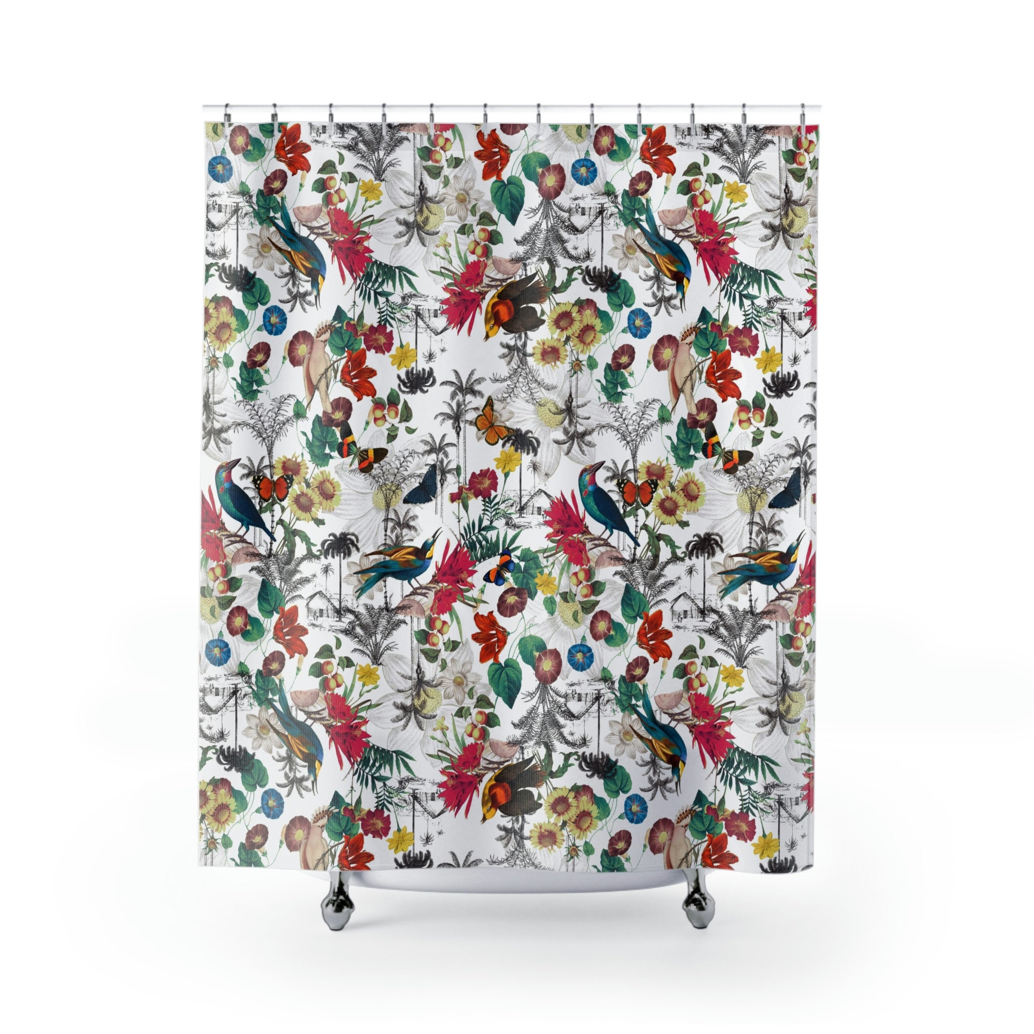 Designer Shower Curtain With Birds In Nature Print No.5, Modern Bathroom Decor