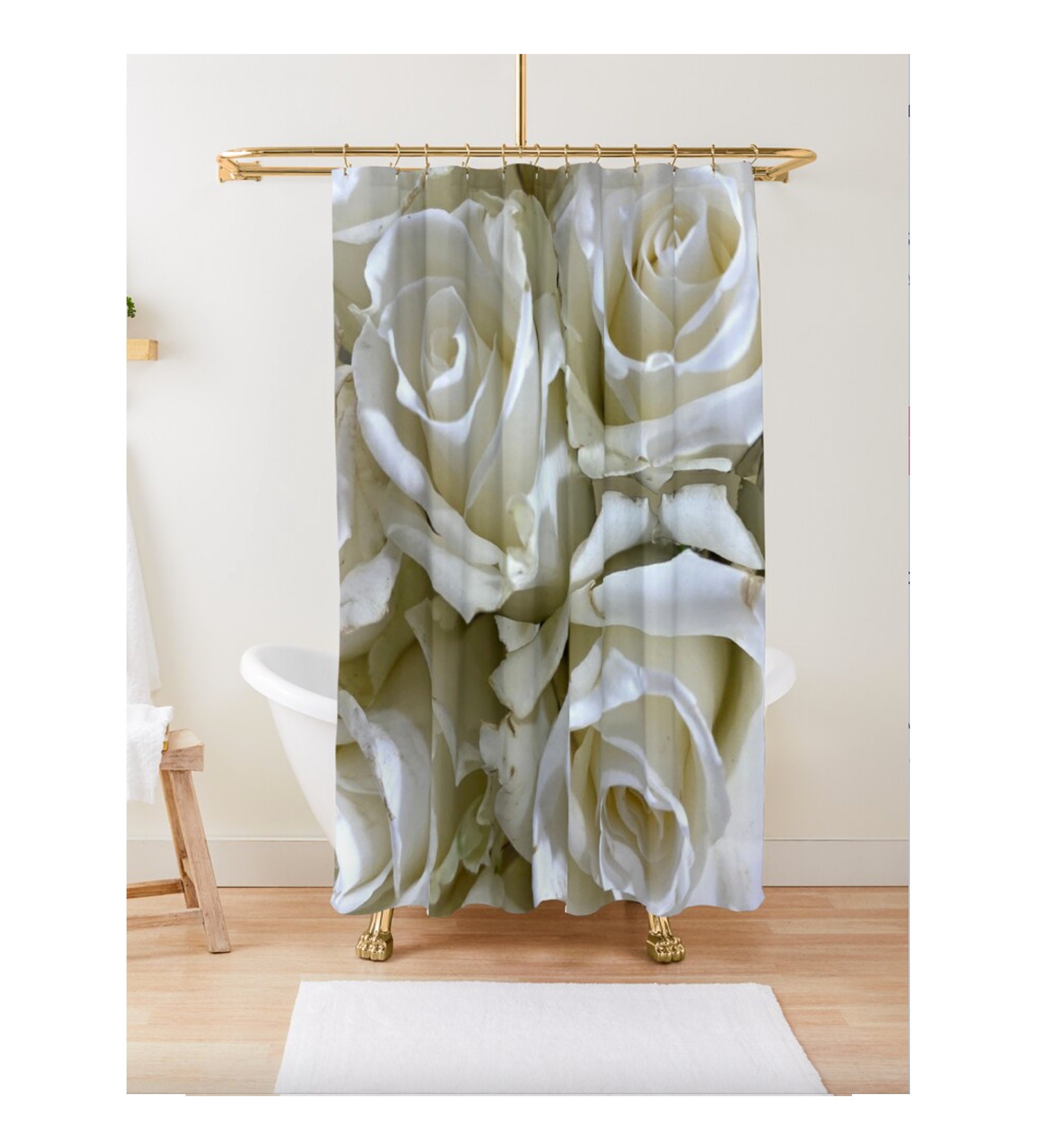Designer White Roses Bathroom Decor Shower Curtain, Elegant and Romantic for Rose Lovers