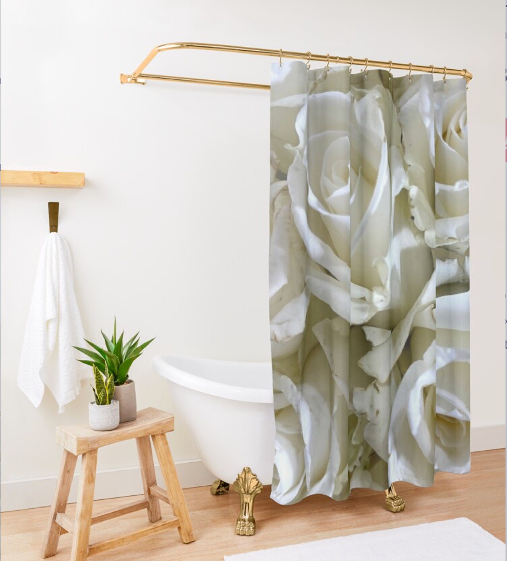 Designer White Roses Bathroom Decor Shower Curtain, Elegant and Romantic for Rose Lovers
