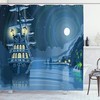 Detailed Illustration Of Nocturnal Adventure Island With Anchored Pirate Ship And Moon Blue Nautical Shower Curtain