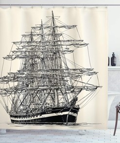 Detailed Pirate Ship Shower Curtain, Nautical Maritime With Vintage Style Art, Cloth Fabric Bathroom Decor, Cream Black