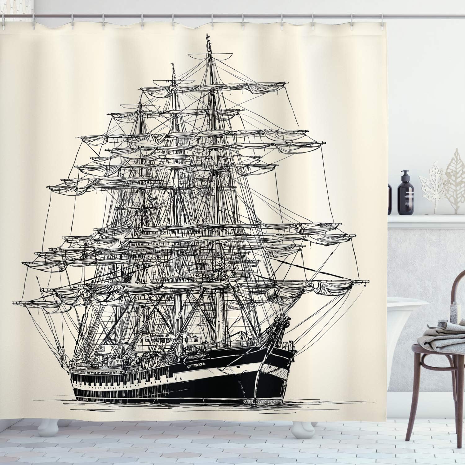 Detailed Pirate Ship Shower Curtain, Nautical Maritime With Vintage Style Art, Cloth Fabric Bathroom Decor, Cream Black