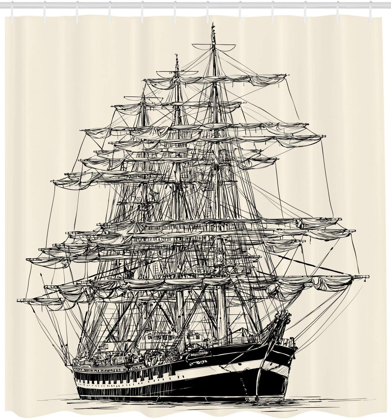 Detailed Pirate Ship Shower Curtain, Nautical Maritime With Vintage Style Art, Cloth Fabric Bathroom Decor, Cream Black - Image 2