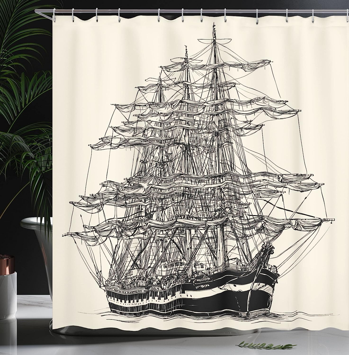 Detailed Pirate Ship Shower Curtain, Nautical Maritime With Vintage Style Art, Cloth Fabric Bathroom Decor, Cream Black - Image 3