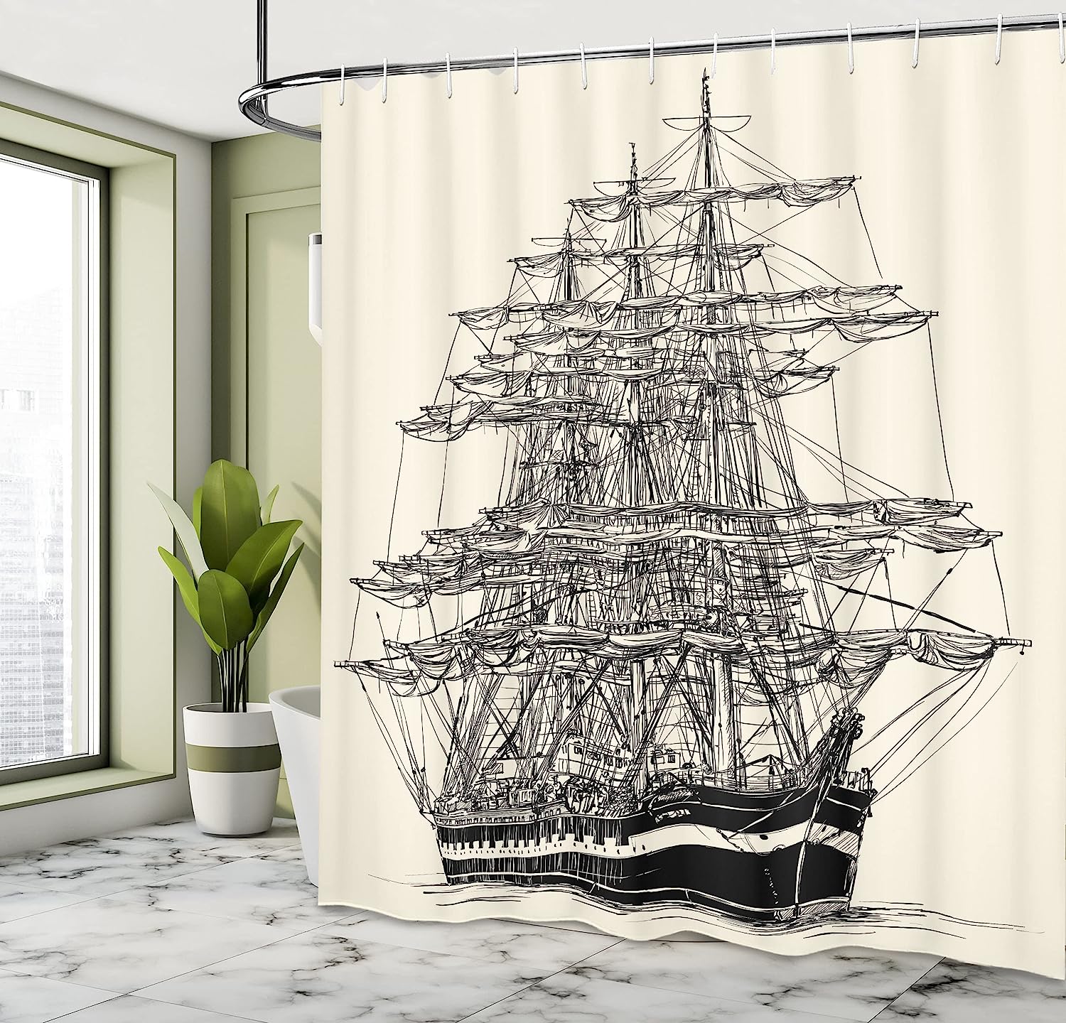 Detailed Pirate Ship Shower Curtain, Nautical Maritime With Vintage Style Art, Cloth Fabric Bathroom Decor, Cream Black - Image 4