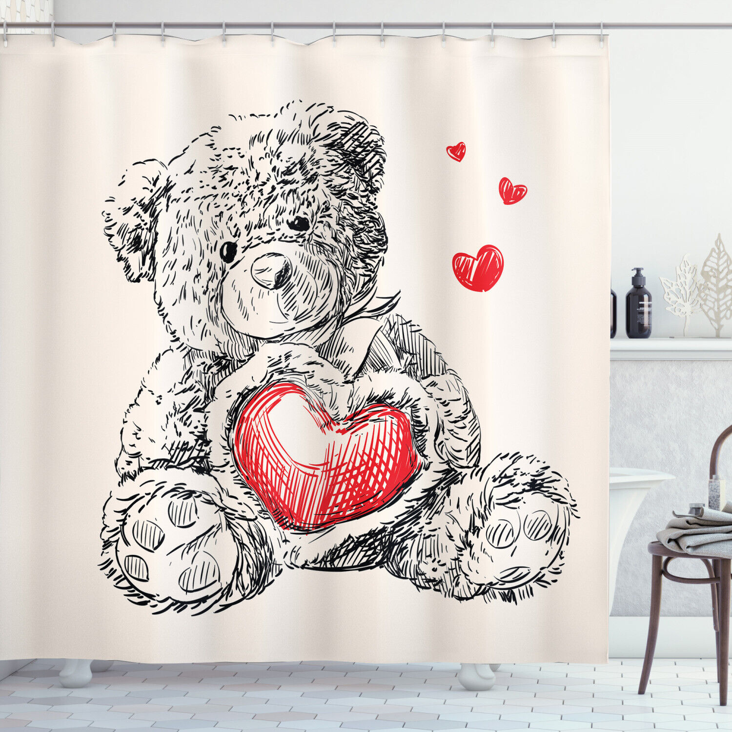 Detailed Sketch Teddy Bear Print Shower Curtain - A Cute And Whimsical Addition To Your Bathroom