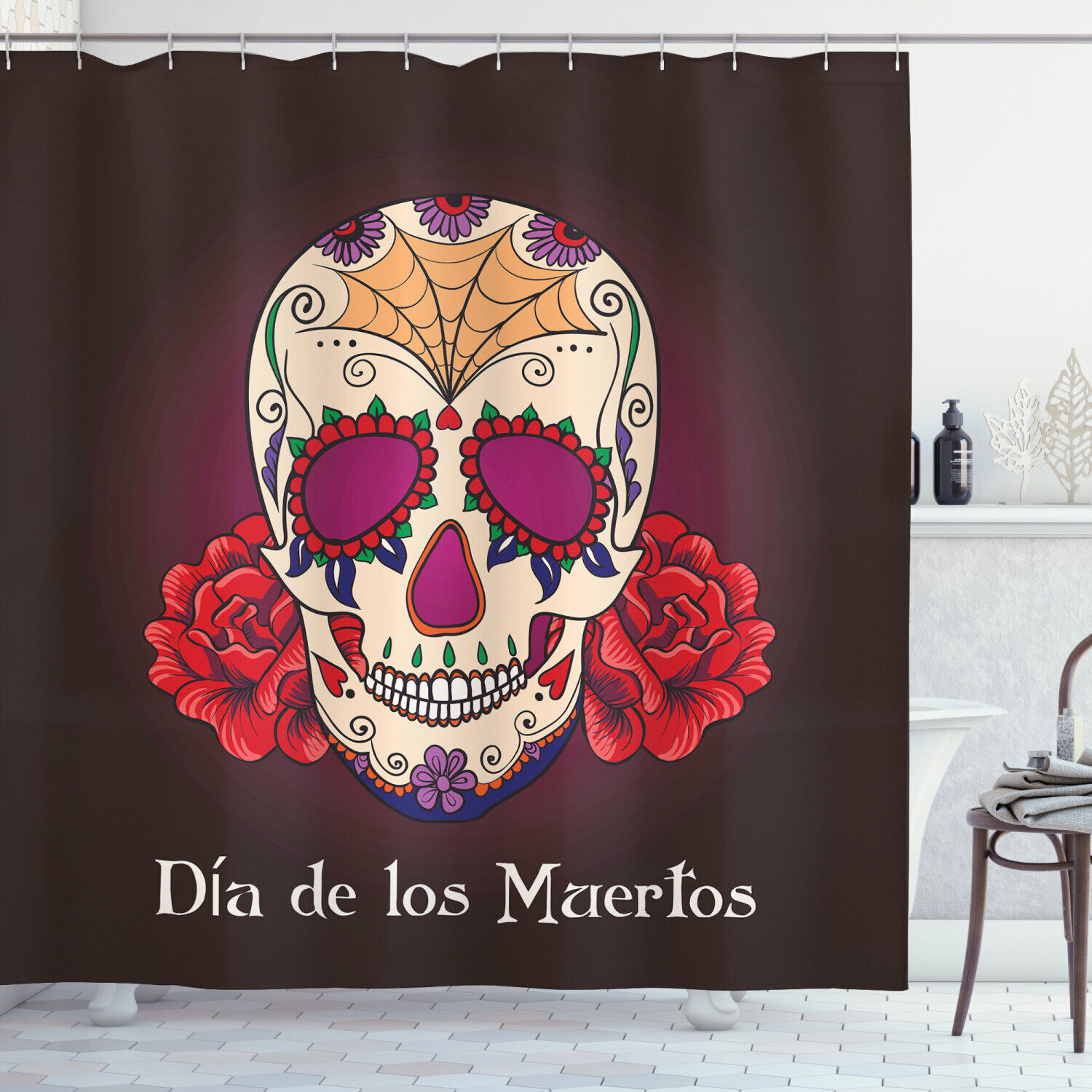 Dia de Los Muertos Print Skull Fabric Shower Curtain - Hispanic Skull Bathroom Decor