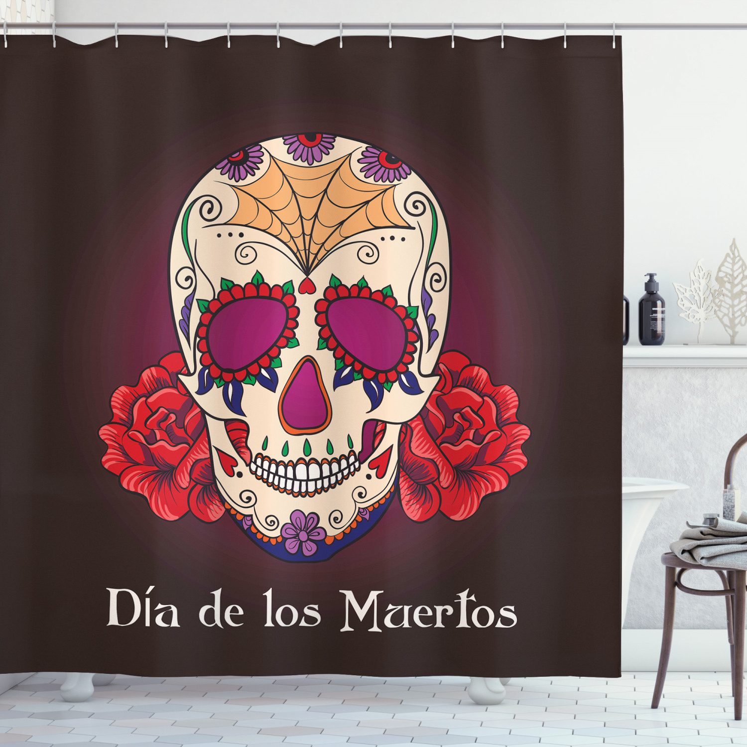 Dia de Los Muertos Print Skull Fabric Shower Curtain - Hispanic Skull Bathroom Decor