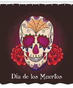 Dia de Los Muertos Print Skull Fabric Shower Curtain - Hispanic Skull Bathroom Decor