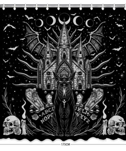 Diabolic Cat Coffin Bat Night House Shower Curtain with Ouija Board Style Print for a Gothic Touch