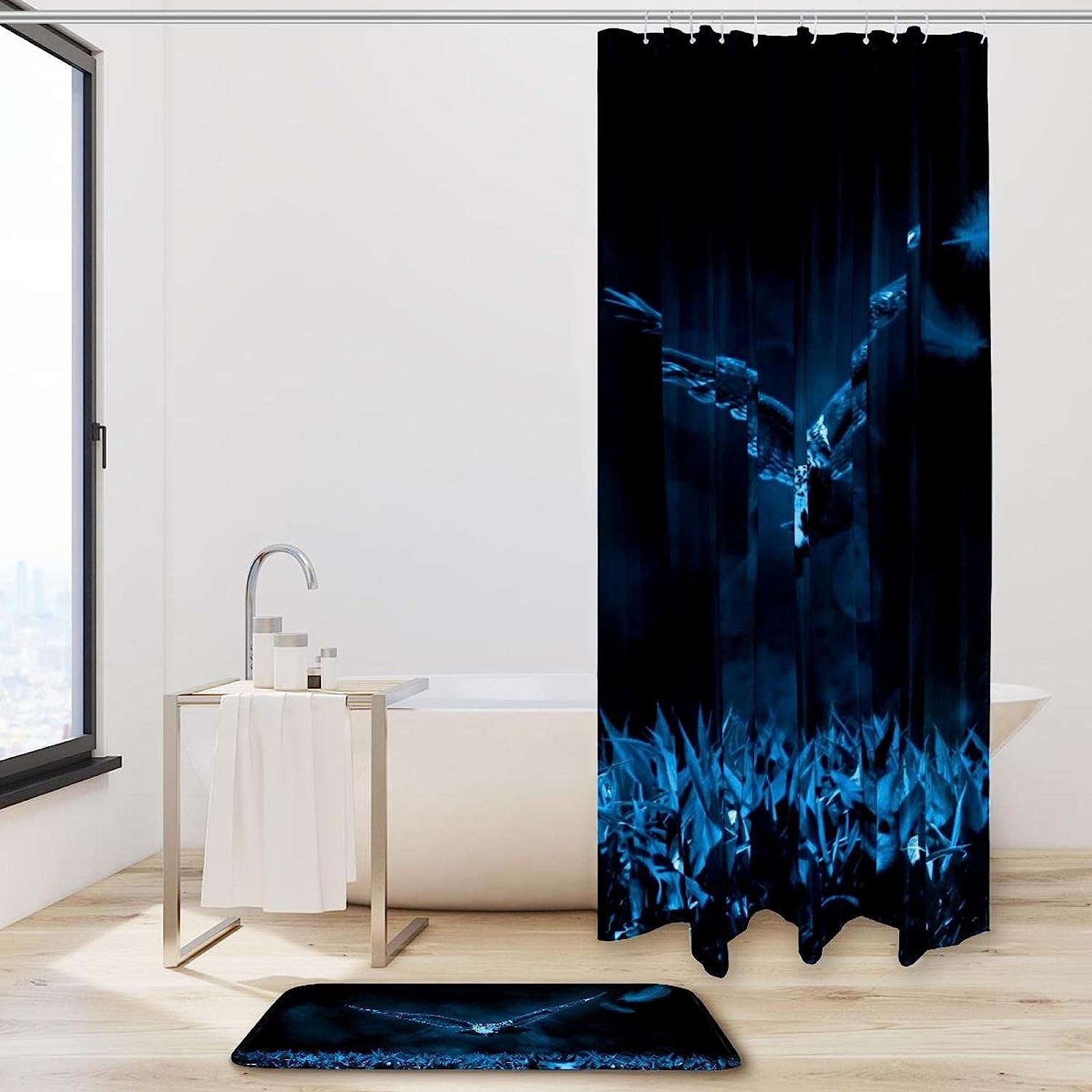 Digital Art Blue Lighthouse Sailboat Anchor Beach Shower Curtain, Nautical Bathroom Decor - Image 2