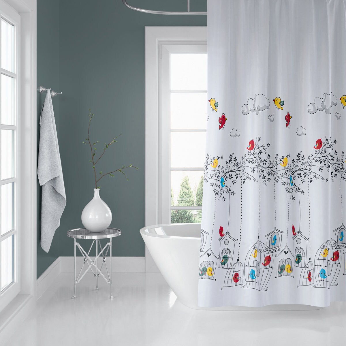 Digital Print Birds Shower Curtain - Waterproof, Washable, Mould And Mildew Resistant