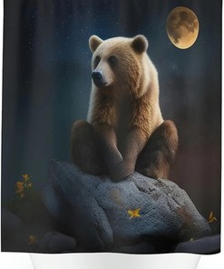 Digital Print Shower Curtain With Bear In The Moonlight, Perfect For Nature Lovers