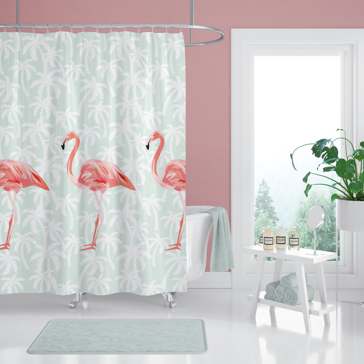 Digital Print Waterproof Washable Flamingo Shower Curtain For Long-Lasting Bathroom Decor