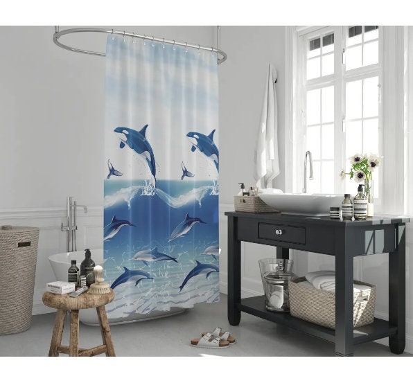 Digital Print Waterproof Washable Mould and Mildew Resistant Whales Shower Curtain for Long-lasting Use