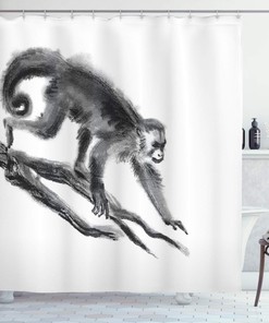 Dimgrey Jungle Monkey Shower Curtain, Sketchy Style Monkey On Branch Creature In Hand Drawn Illustration