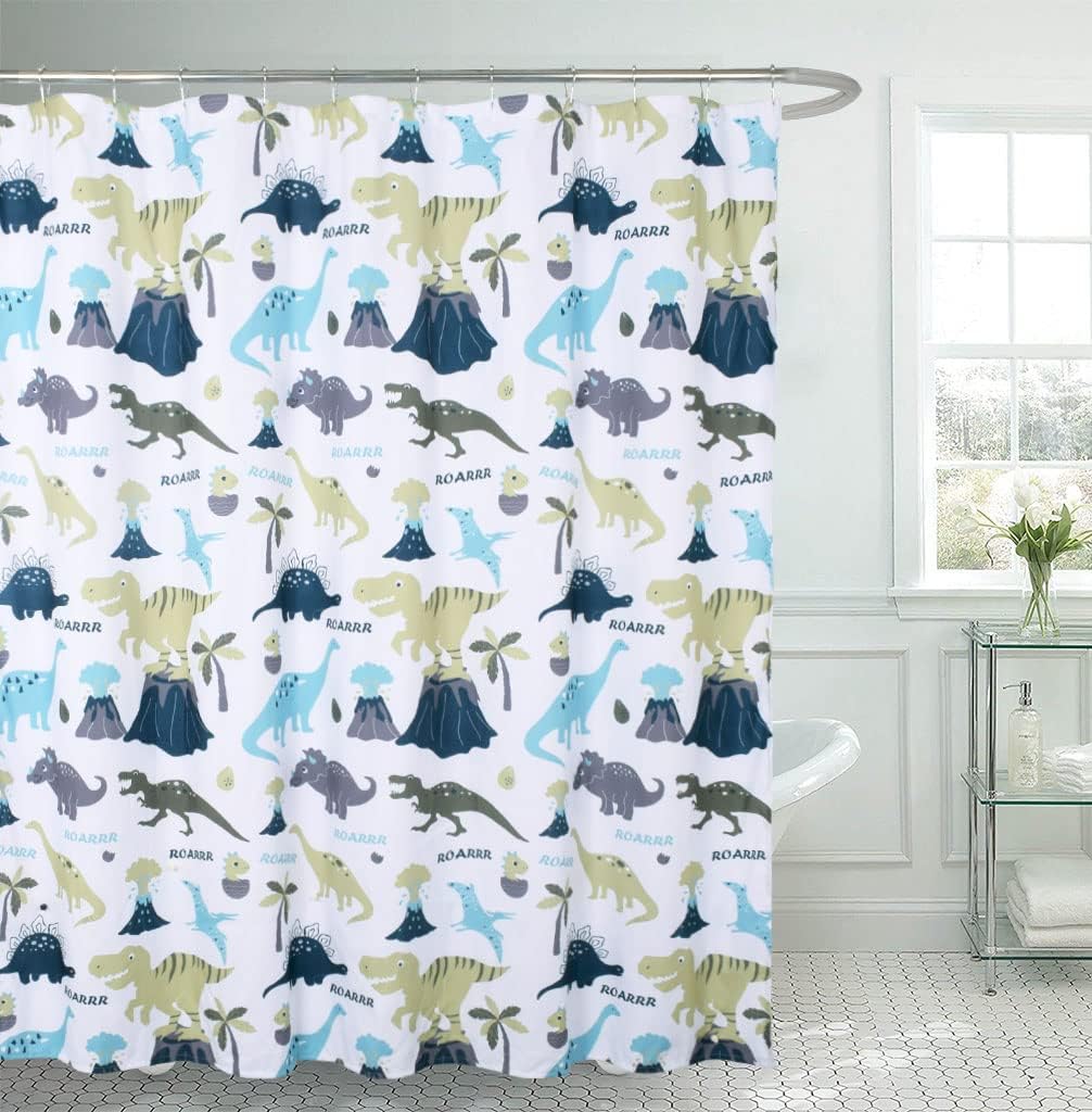 Dinosaur Adventure Cute Pattern Cloth Fabric Shower Curtain - Colorful Wildlife Bath Curtain For Kids Bathroom Decor