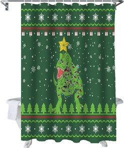 Dinosaur Animal Snowflake Green Waterproof Christmas Lights Tree Bath Curtain For Bathroom Decoration