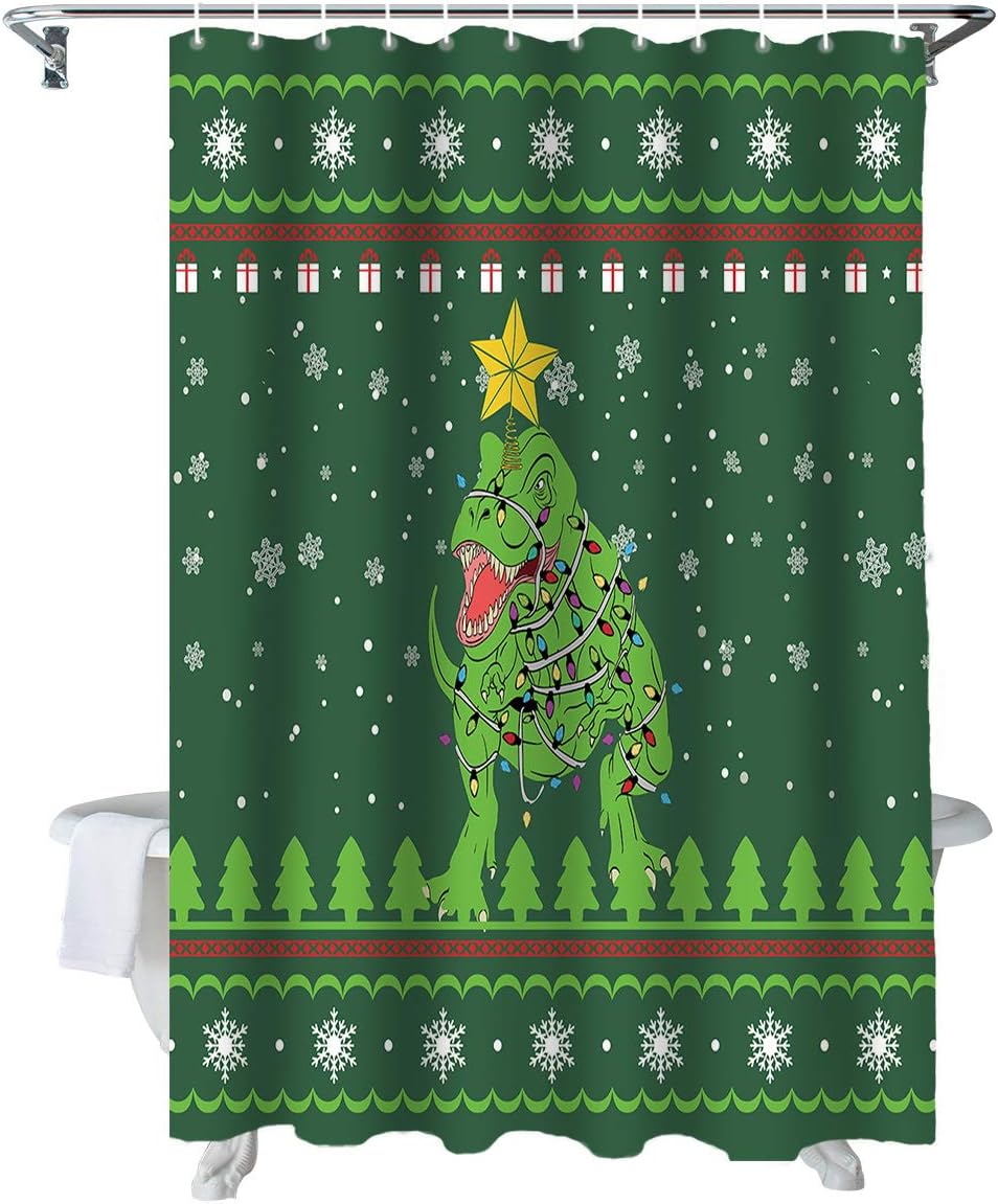 Dinosaur Animal Snowflake Green Waterproof Christmas Lights Tree Bath Curtain For Bathroom Decoration