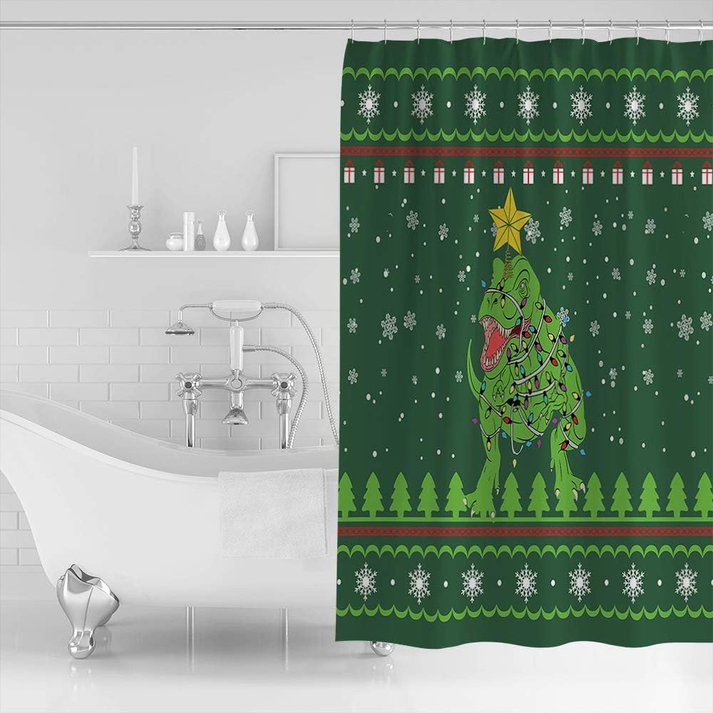 Dinosaur Animal Snowflake Green Waterproof Christmas Lights Tree Bath Curtain For Bathroom Decoration - Image 2