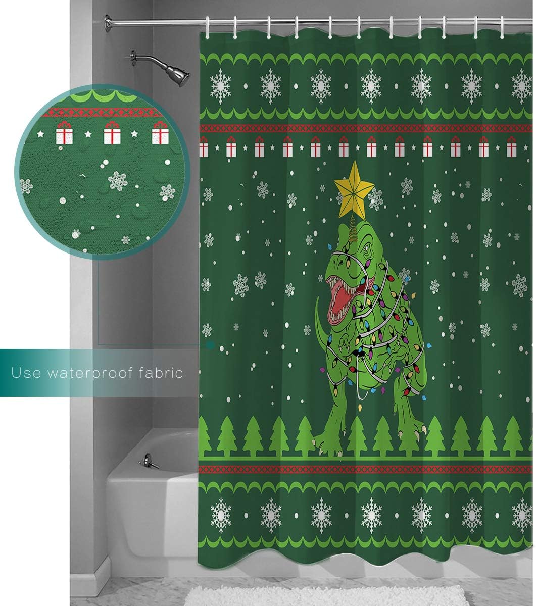 Dinosaur Animal Snowflake Green Waterproof Christmas Lights Tree Bath Curtain For Bathroom Decoration - Image 3
