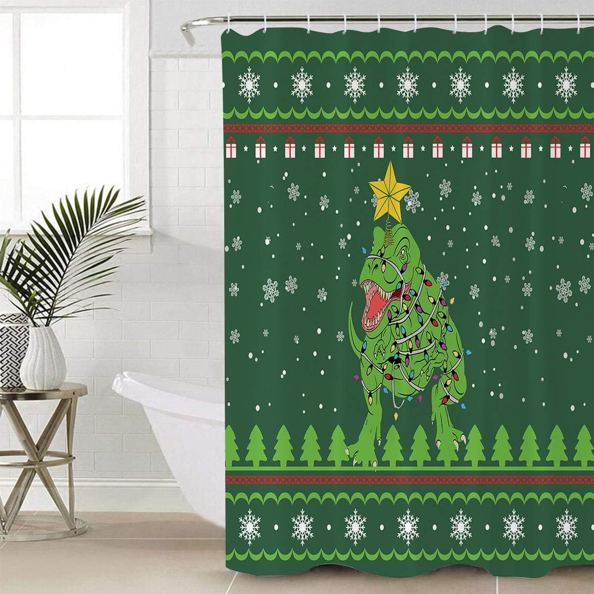 Dinosaur Animal Snowflake Green Waterproof Christmas Lights Tree Bath Curtain For Bathroom Decoration - Image 4