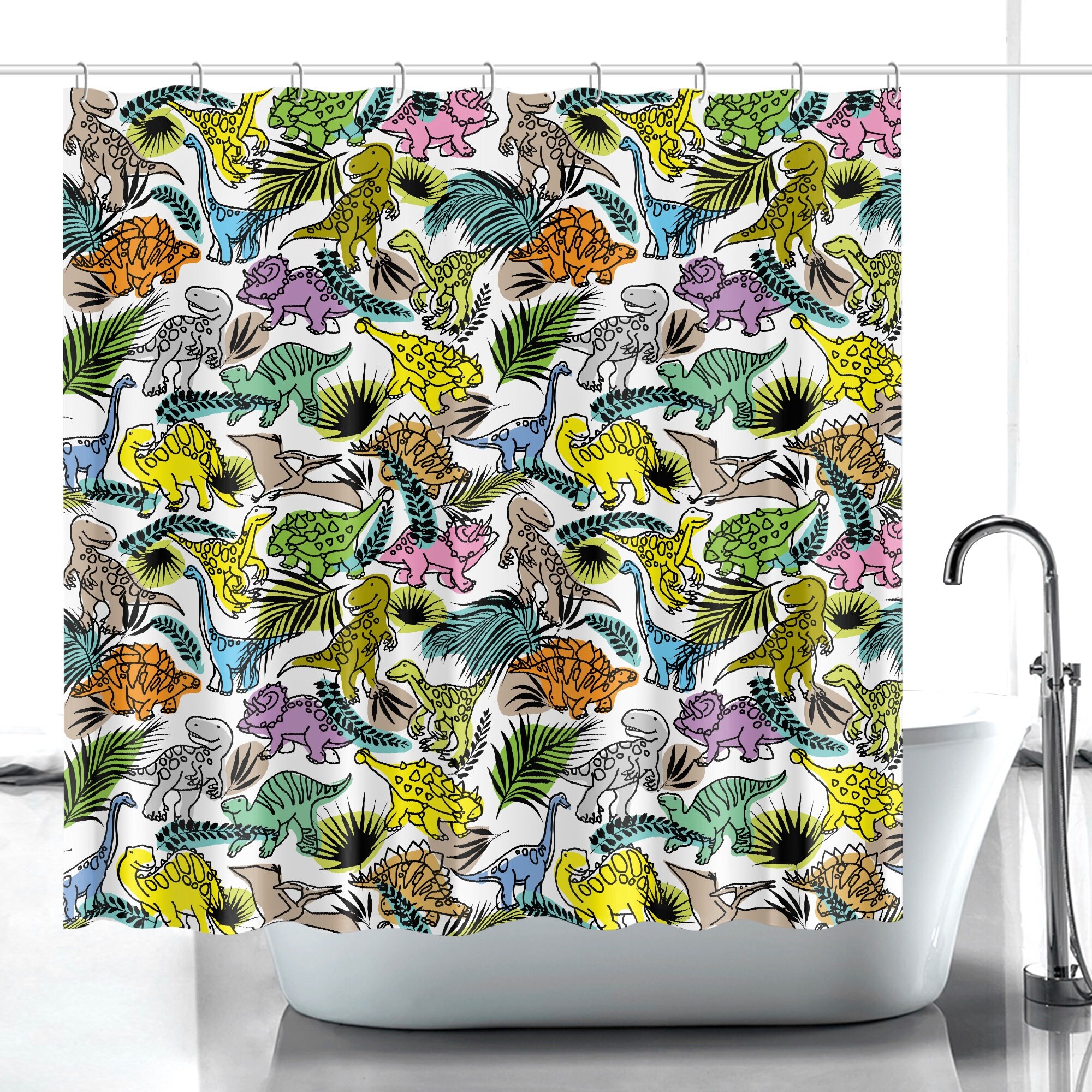 Dinosaur Fabric Printed Shower Curtain For Kids Bathroom Decor
